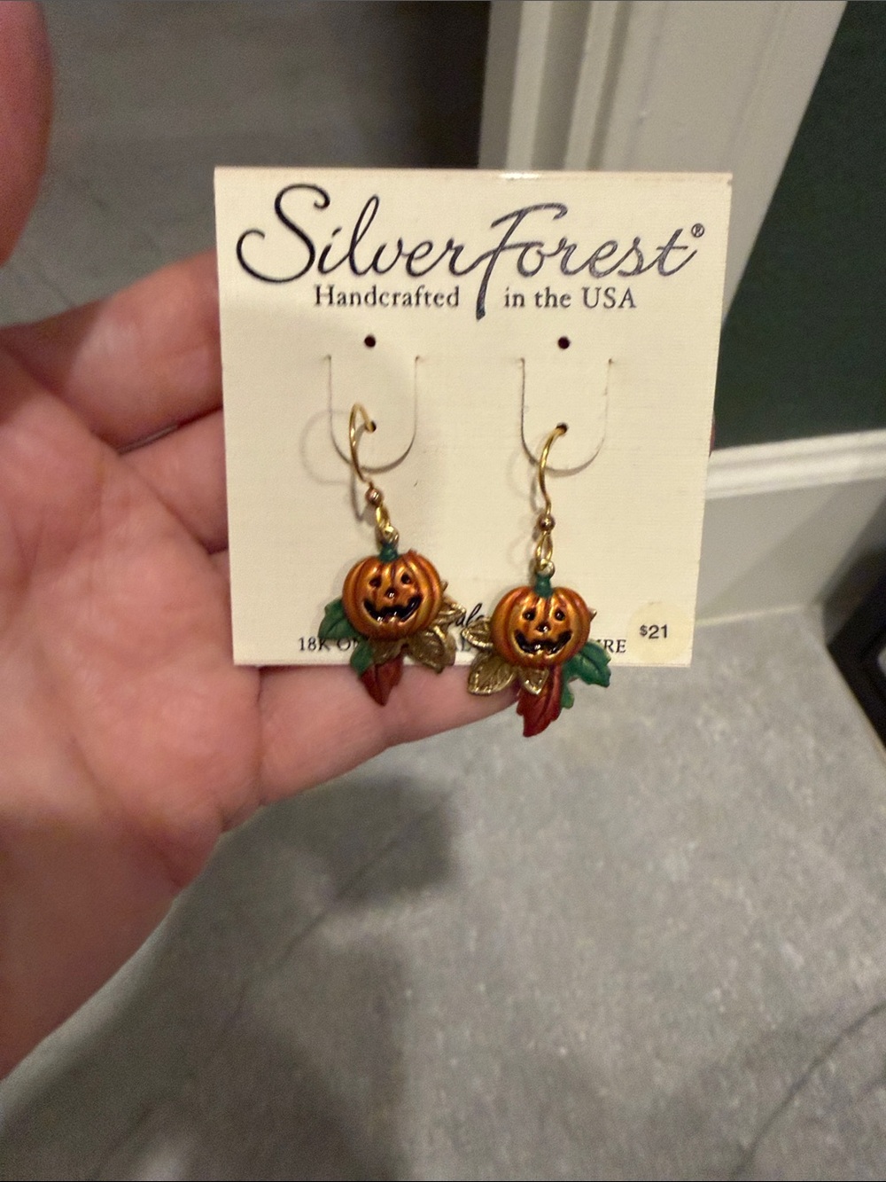 Silver Forest Orange Pumpkin Drop Earrings with Green and Red Leaf Accents